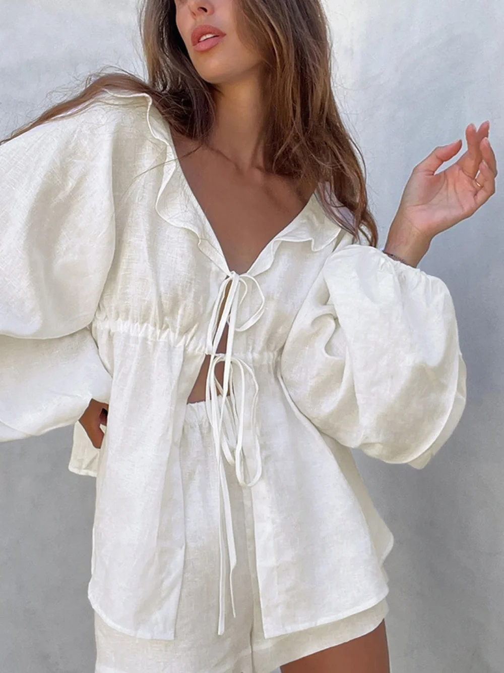 Commense White Ruffled V-Neck Drawstring Blouse Set - Picture 2 of 8